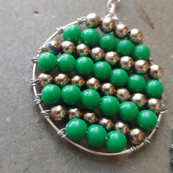 Handmade Round Circle Green Silver Beaded Woven Dangle Earrings - Picture 2 of 5